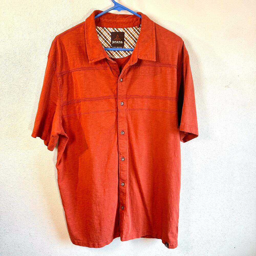 Prana Mens Size XL Orange Short Sleeves Stretch Button Up Shirt Casual Office